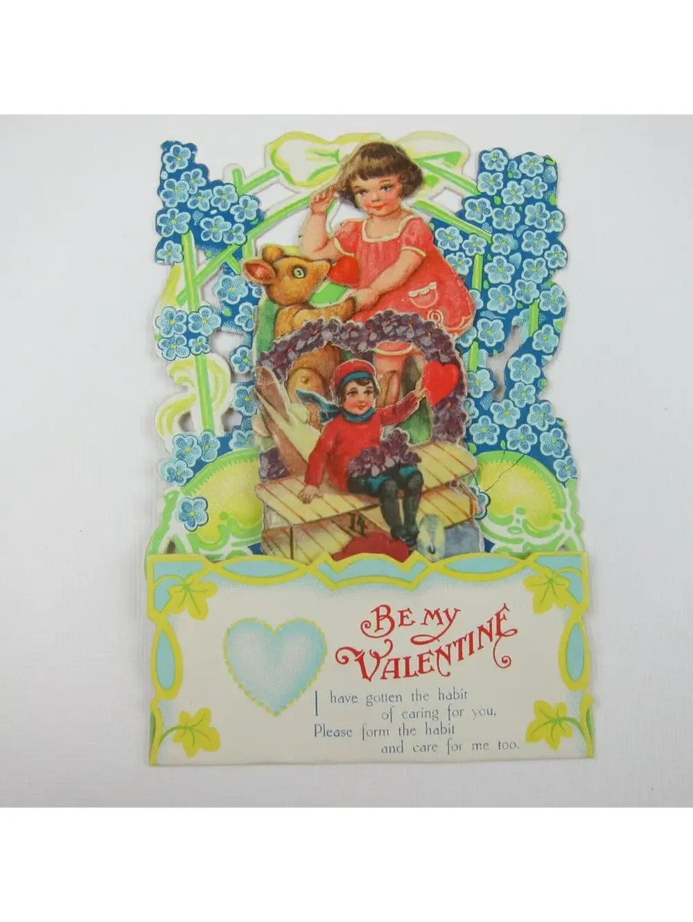 Vintage Valentine Honeycomb 3D Pop Up Die Cut Girl Pink Dress Boy Blue Flowers
